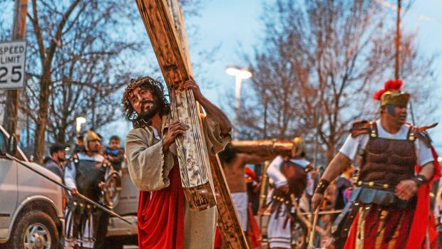 Jesus takes up his burden during the living Stations of the Cross presented at the Church of St. Patrick, Norristown, Good Friday, April 3, 2015.