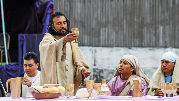 Jesus institutes the Eucharist at the Last Supper during the living Stations of the Cross presented at the Church of St. Patrick, Norristown, Good Friday, April 3, 2015.