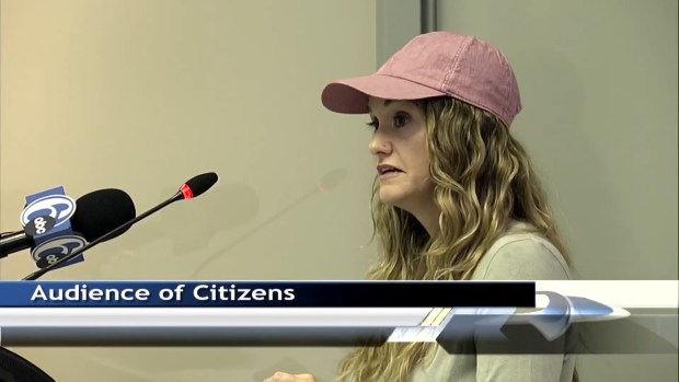 Parent Sarah Batory speaks to North Penn school board members about an attack involving students at Pennbrook Middle School during the school board meeting on April 18, 2024. (Screenshot of NPTV video)