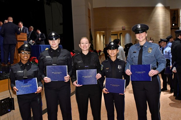 Among the cadets who graduated are, from left, Constance Finney of Philadelphia, Brianna Schrader of Prospect Park, Angela Faraglia of Clifton Heights, Juliana Ehnot of Aldan and Taryn Kelly of Broomall. (COURTESY OF JIM MCWILLIAMS)