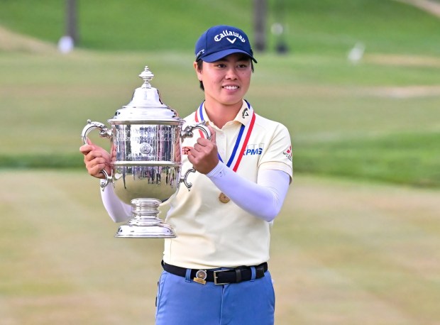 Yuka Saso poses with the trophy after winning the 2024 U.S Women's Open at Lancaster Country Club. (COURTESY OF BILL SNOOK)