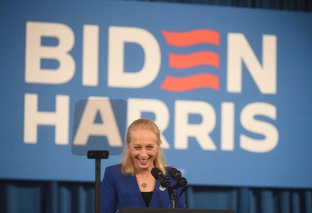 Congresswoman Mary Gay Scanlon speaks before the arrival of President Joe Biden. She said she was on the parent-teacher association at Strath Haven Middle School when his children went there. (PETE BANNAN-DAILY TIMES)