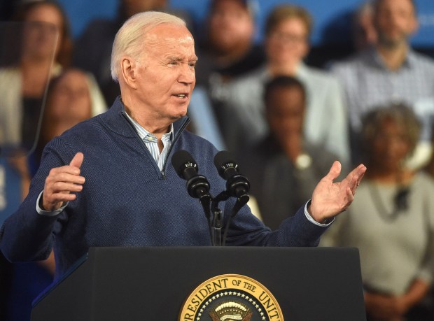 President Joe Biden makes a point on Friday at Strath Haven Middle School. (PETE BANNAN-DAILY TIMES)