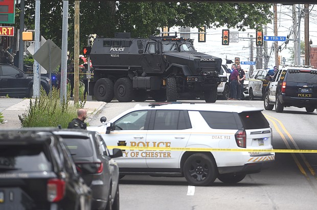 A police tactical truck at the scene in Chester early Tuesday afternoon at 11th and Kirlin streets. The incident there has been resolved (PETE BANNAN-DAILY TIMES)