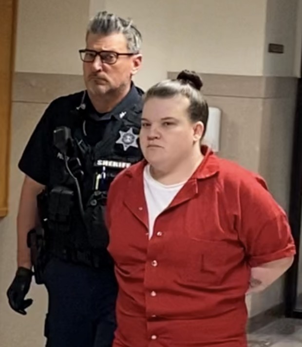 Katherine Emel is escorted by a deputy sheriff from a Montgomery County courtroom on June 21, 2024, to await sentencing on homicide and robbery charges. (Photo by Carl Hessler Jr. - MediaNews Group)