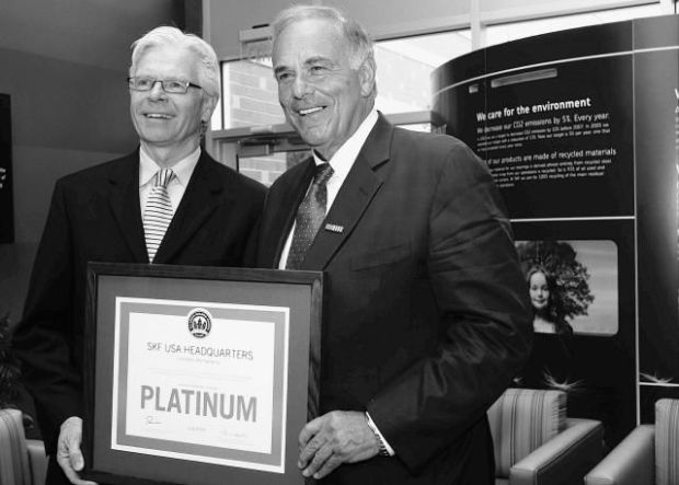 Then-Governor Ed Rendell, right, is shown with SKF president and CEO Poul Jeppesen at the company's USA headquarters in Towamencin. The building has been recognized by the United States Green Building Council for its enviro-friendly design when it opened in 2010. (MediaNews Group file photo)