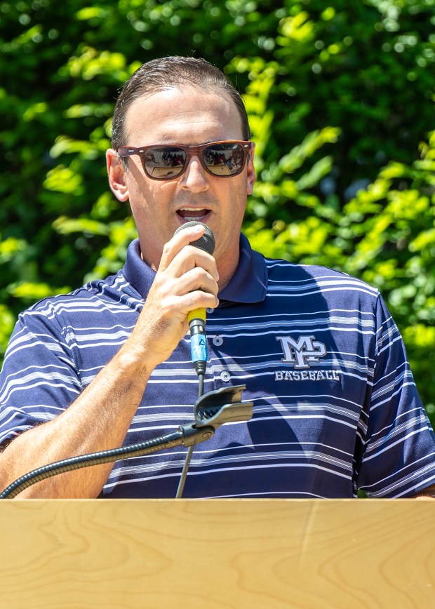 Malvern Prep baseball head coach speaks at the celebration of the team's PAISAA championship. (photo courtesy of Malvern Prep)