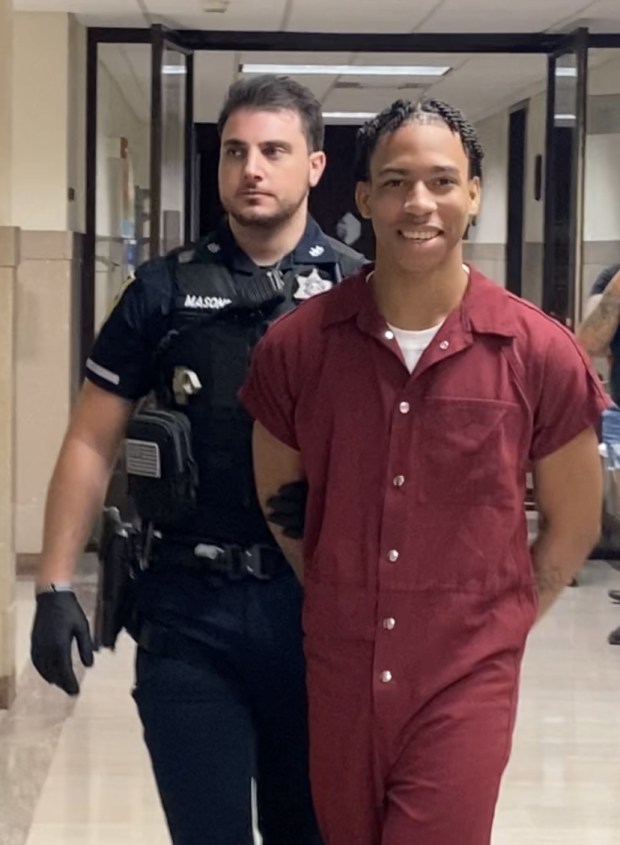 Kahseem Williams, 19, is escorted by a deputy sheriff from a Montgomery County courtroom on July 7, 2023, after he was sentenced to prison for role in fatal shooting in Pottstown. (Carl Hessler Jr. / MediaNews Group)