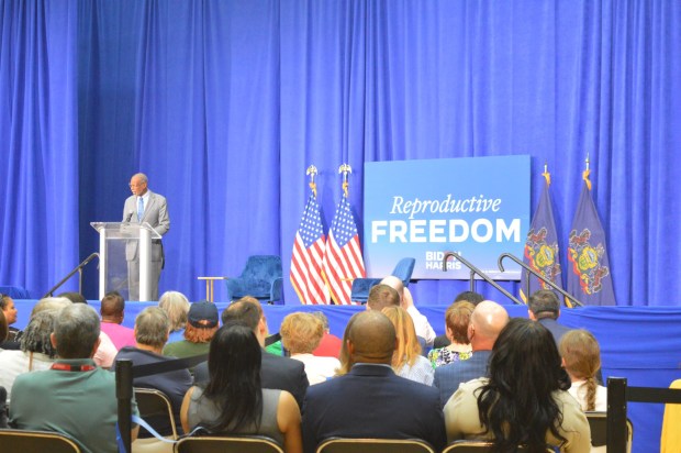 State Sen. Art Haywood, D-4th Dist., is pictured speaking on May 8, 2024 during a campaign event featuring Vice President Kamala Harris at Salus University in Elkins Park. (Rachel Ravina - MediaNews Group)