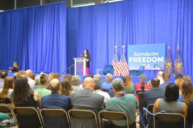 Montgomery County Commissioners' Chairwoman Jamila Winder address attendees of a campaign event on May 8, 2024 at Salus University in Elkins Park featuring Vice President Kamala Harris. (Rachel Ravina - MediaNews Group)