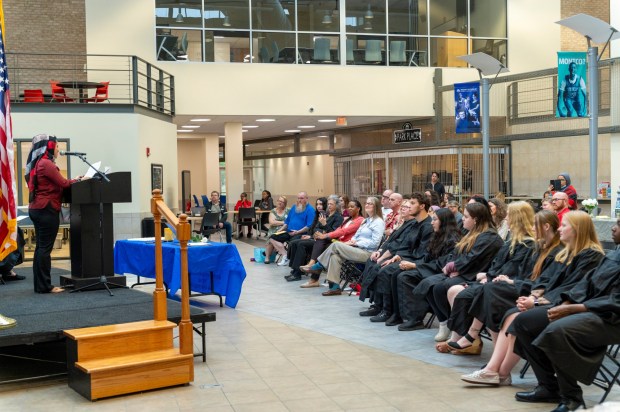 The keynote speaker, Mamata Tharima, a former Alpha Kappa Zeta Chapter president from 2014-2016, encouraged the inductees to pursue opportunities and build their skills. (Photo by Linda Johnson)