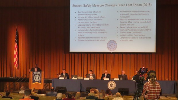 North Penn Coordinator of Safe Schools Brandon Rhone, at podium, speaks on district safety efforts since 2018 during a school safety forum at North Penn High School on Tuesday, May 14 2024. (Dan Sokil - MediaNews Group)