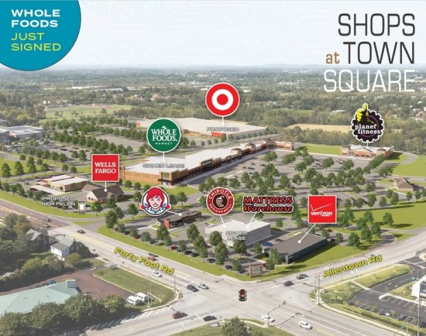 Rendering showing a new Whole Foods supermarket and new Target store to be built in and behind the former Towamencin Village Shopping Center. (Image via Loopnet.com listing)