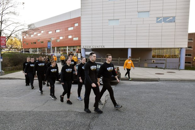 Delaware County Community College Municipal Police Academy cadets make their wayto the starting line of their last training run before graduation in November 2022. A new state law will soften some of the physical requirements for becoming a police officer. (COURTESY OF DELAWARE COUNTY COMMUNITY COLLEGE)