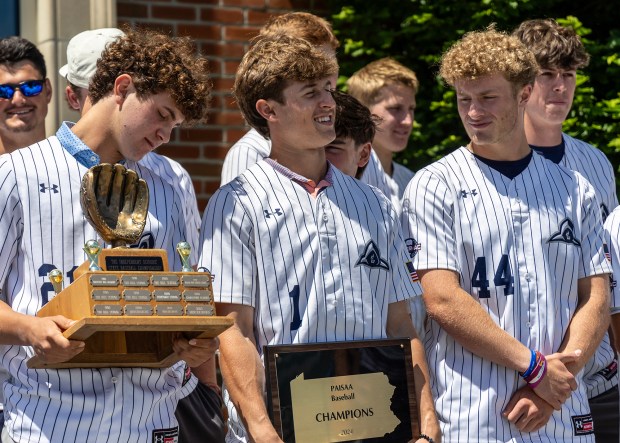 The Malvern Prep baseball squad celebrated its 2024 PAISAA state championship. (photo courtesy of Malvern Prep)