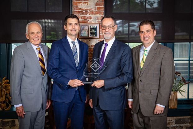 West Chester University President Christopher M. Fiorentino was inducted into the Chester County Hall of Fame on Wednesday, May 15. He is the 26th Hall of Fame member inducted by the Chester County Economic Development Council. In this photo, left to right are: Gary Smith, CCEDC CEO; Michael J. Hankin, board vice chairman; Hall of Fame Inductee and West Chester University President Christopher M. Fiorentino; and Mike Grigalonis, CCEDC president and COO. (Photo Courtesy Chester County Economic Development Council)