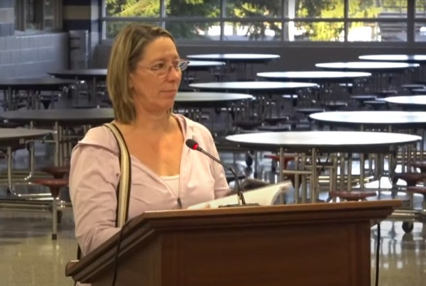 Heather Glen resident Debbie Cancro addresses the Spring-Ford School Board about her concerns regarding a proposed expansion of a chemical manufacturing facility on Airport Road. (Image via Spring-Ford School District)