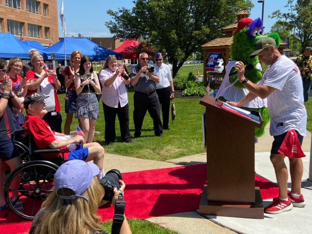 1993 National League champion Mickey Morandini was on hand Tuesday to present 100-year-old World War II veteran Paul Trumbetas with the game ball he will be asked to bring to the mound to start the May 18 game against the Nationals, and when the Phillies will have their special Salute to Service Day. (Evan Brandt -- MediaNews Group)