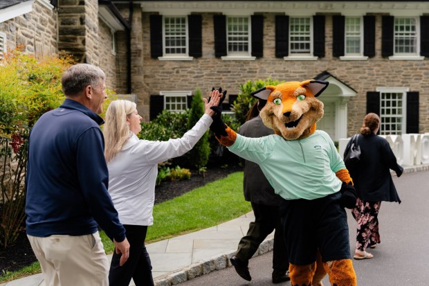 Monty the Fox, Valley Forge Tourism's costumed mascot, greets attendees at the agency's May 6 Travel Rally. (Photo Courtesy Valley Forge Tourism and Convention Board)