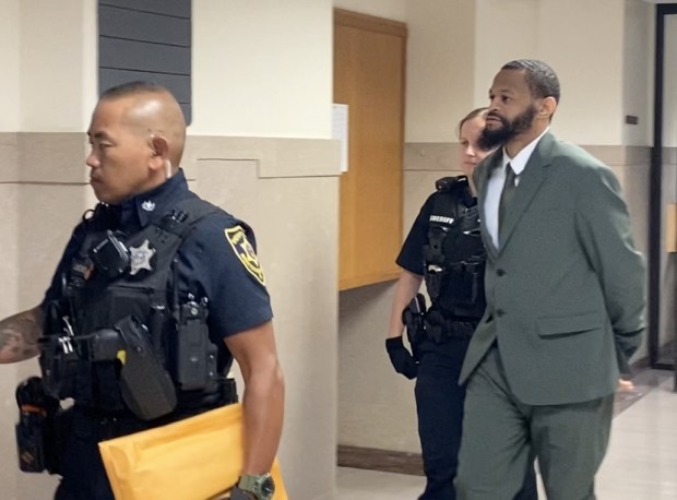 Kevin Maurice Morgan, accused of gunshot slaying of Parkesburg man, is escorted by sheriff's deputies from a Montgomery County courtroom on June 10, 2024 to await the resumption of his homicide trial. (Photo by Carl Hessler Jr. - MediaNews Group)