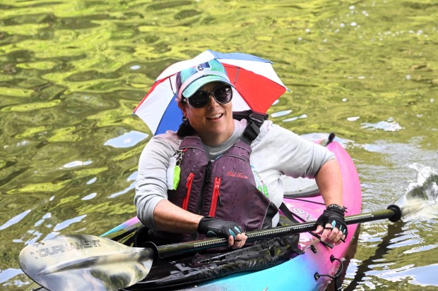 Katy Potpinko of Pottstown paddles her kayak during the Schuylkill River Sojourn on Monday. (BILL UHRICH - READING EAGLE)