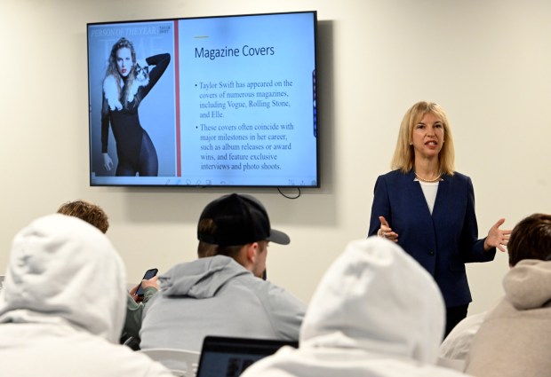 Dr, Jodi Radosh leads a Promoting the Popstar class on Taylor Swift at Alvernia University's CollegeTowne Campus. (BILL UHRICH - READING EAGLE)