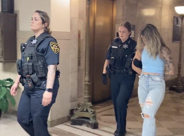 Carly Sasala is escorted by sheriff's deputies from a Montgomery County courtroom on June 7, 2024, after she was sentenced to prison for vehicular homicide. (Photo by Carl Hessler Jr. - MediaNews Group)