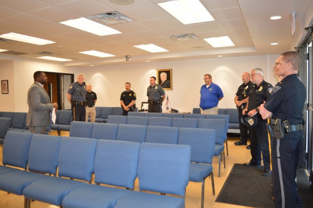 Ambler NAACP Branch President Shaykh Anwar Muhammad addresses municipal police chiefs on May 24, 2024 ahead of resigning a memorandum of understanding that continues to establish priorities of community engagement and fostering relationships between area residents and law enforcement. (Rachel Ravina - MediaNews Group)