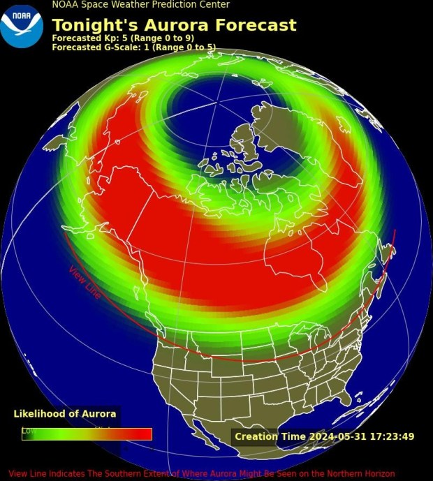 The NOAA predicted view line for the Northern Lights for Friday, May 31, 2024 as of the early afternoon. (Courtesy of NOAA)