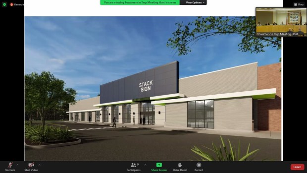 Towamencin's board of supervisors, inset, see renderings for a proposed supermarket use in a shopping center at Forty Foot and Allentown Roads during their June 8, 2022 meeting. (Screenshot of online meeting)