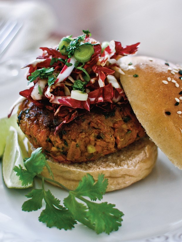 Spicy Peanut and Carrot Burgers. Peanut butter and a few fragrant aromatics serve to amplify and enhance the carrot, making this another one of those veggie burgers that's all about the vegetables. (Photo by Christina Heaston)