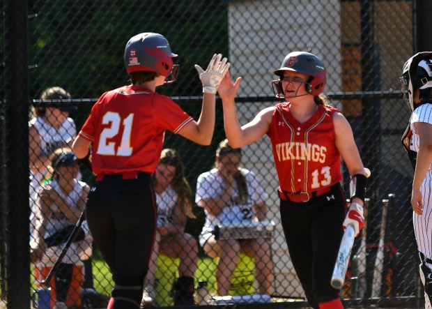 WC East Emma Antczak and Mia Jones high five after Antczak scores (BILL RUDICK for MediaNews Group)