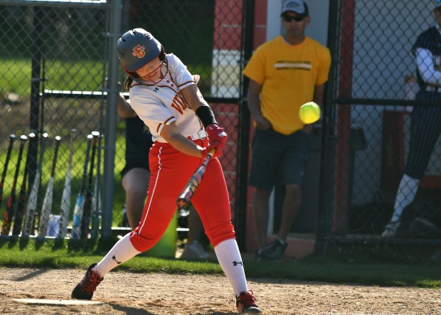 West Chester East's Caroline Rudderow takes a cut and delivers the game-winning hit (BILL RUDICK for MedidaNews Group)