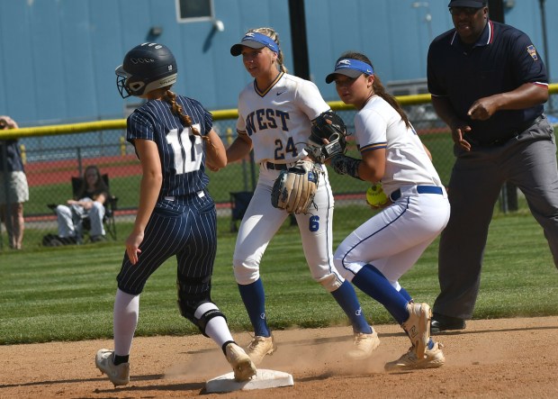 West second baseman Lily O'Laughlin looks to turn a double play (BILL RUDICK at MediaNews Group)