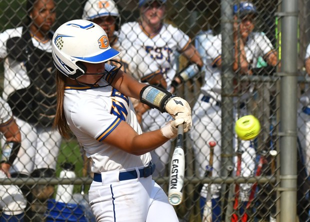 West's Lily O'Laughlin connects for a double(BILL RUDICK for MediaNews Group)